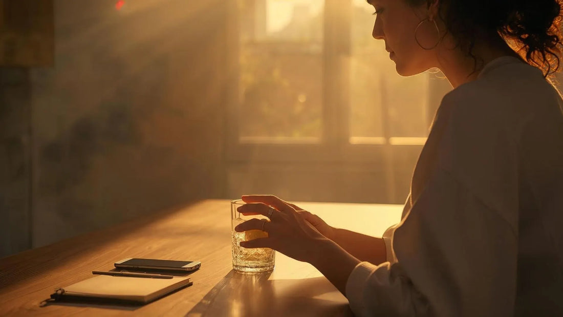 Femme qui boit une boisson maison dans une cuisine lumineuse, symbole de prise de recul face aux tendances sur le cortisol