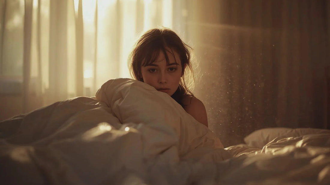 Une femme qui sort de son lit le matin, le soleil pénètre dans la pièce, mais elle est fatiguée