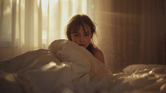 Une femme qui sort de son lit le matin, le soleil pénètre dans la pièce, mais elle est fatiguée