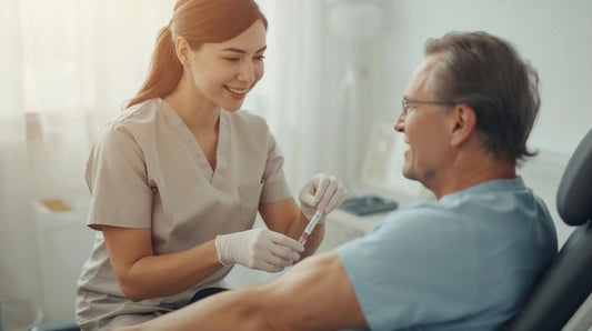 Une infirmière réalise le test du taux de cortisol sur un patient masculin